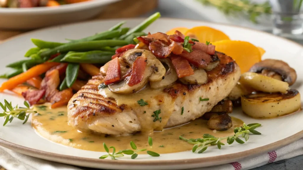 Alice's Spring Chicken Dinner showcasing juicy grilled chicken topped with crispy bacon, sautéed mushrooms, and drizzled with a sweet honey mustard sauce, served on a lovely plate.