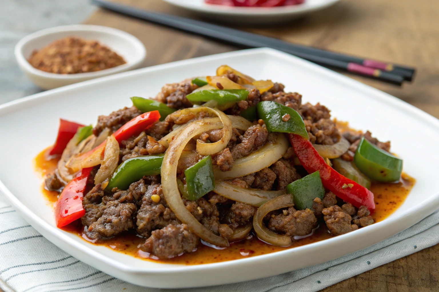 Easy Korean Beef Recipe: A delicious ground beef dish served over steamed white rice, garnished with sesame seeds and green onions