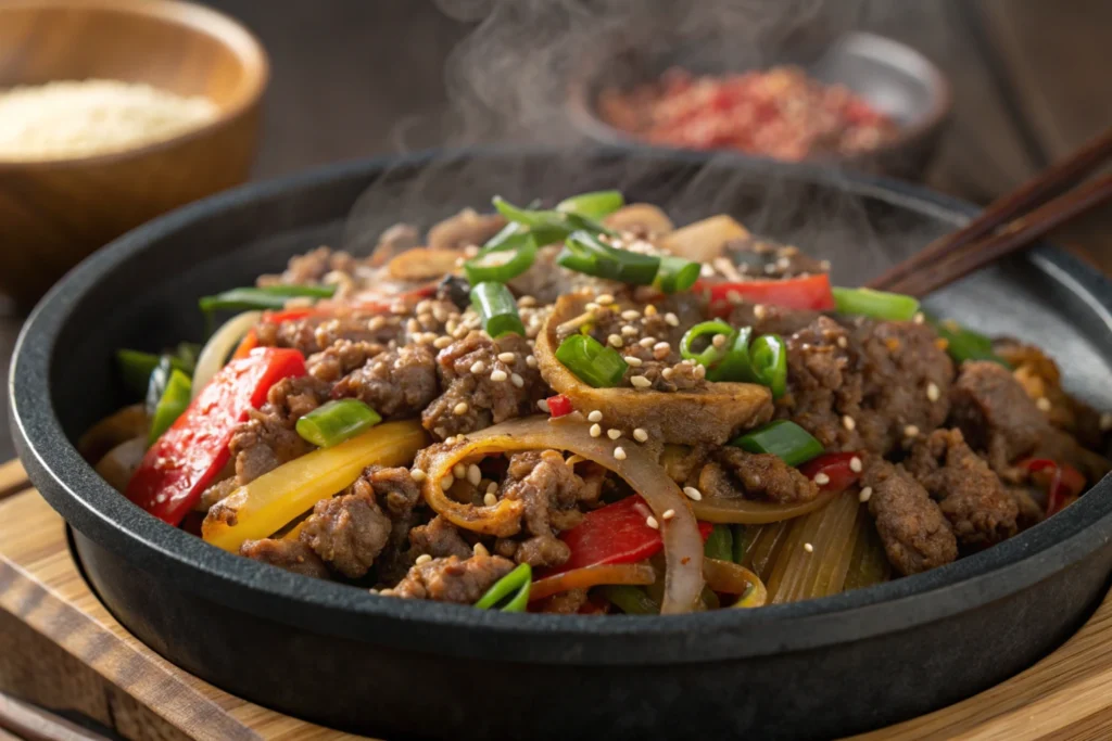 Easy Korean Beef Recipe: A delicious ground beef dish served over steamed white rice, garnished with sesame seeds and green onions, presented in a white bowl on a wooden table.