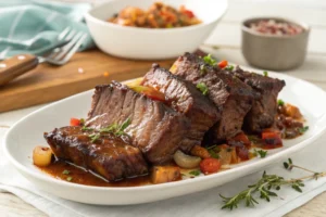 A delicious serving of Easy Boneless Beef Short Ribs, beautifully plated with tender, juicy meat glistening in a savory sauce, accompanied by mashed potatoes and fresh herbs.