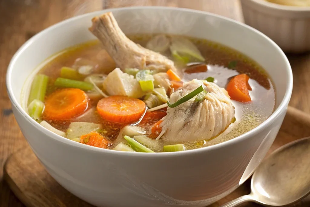 A comforting bowl of homemade chicken soup made from bones, featuring a rich broth filled with tender pieces of chicken, onions, carrots, and celery, garnished with fresh herbs