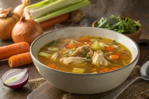 A comforting bowl of homemade chicken soup made from bones, featuring a rich broth filled with tender pieces of chicken, onions, carrots, and celery, garnished with fresh herbs