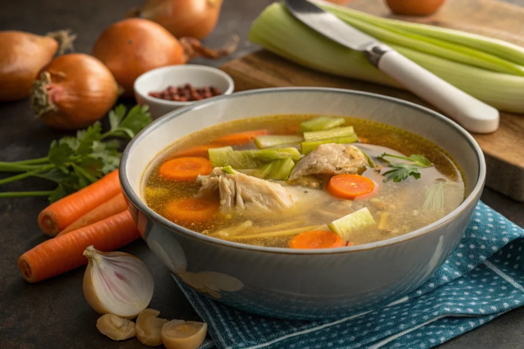 A comforting bowl of homemade chicken soup made from bones, featuring a rich broth filled with tender pieces of chicken, onions, carrots, and celery, garnished with fresh herbs