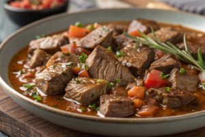 Chopped steak and gravy Recipe : Juicy, seared chopped steak patties topped with caramelized onions and rich brown gravy, served alongside steamed vegetables