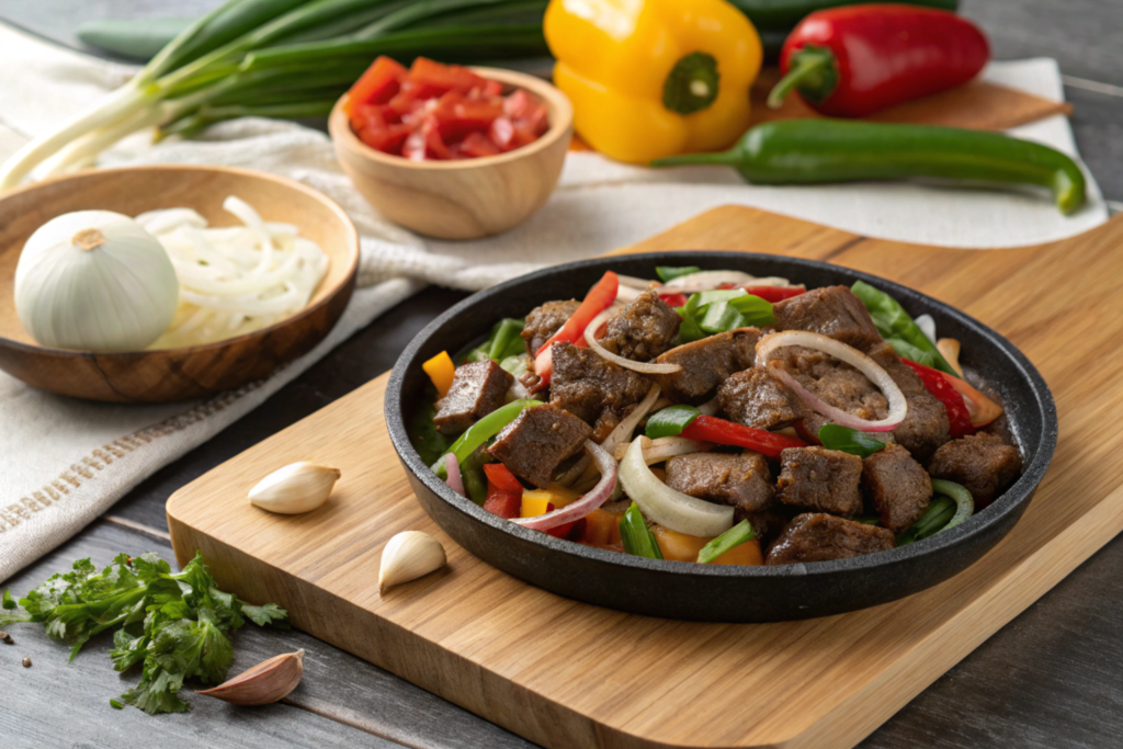 chopped steak recipe Chopped Steak Recipe: Juicy, seared chopped steak patties topped with caramelized onions and rich brown gravy, served alongside steamed vegetables on a black plate.