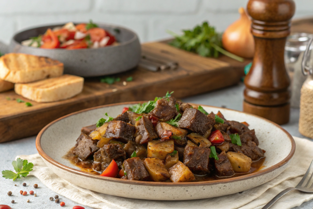 Chopped Steak Recipe: Juicy, seared chopped steak patties topped with caramelized onions and rich brown gravy, served alongside potatoes and steamed vegetables on a white plate.