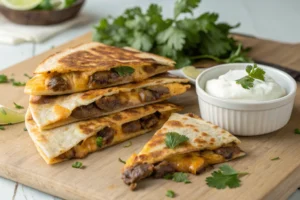 Steak and cheese quesadillas with crispy tortillas, juicy steak, melted cheese, and fresh herbs, served with salsa, guacamole, and sour cream on a wooden platter.