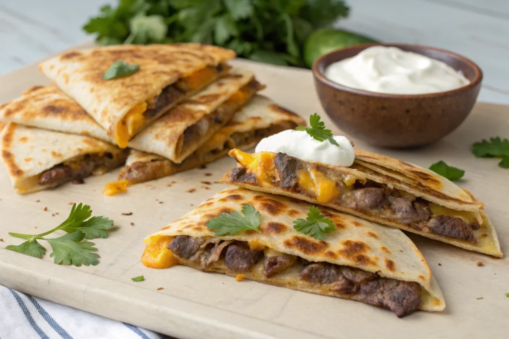 Steak and cheese quesadillas with crispy tortillas, juicy steak, melted cheese, and fresh herbs, served with salsa, guacamole, and sour cream on a wooden platter.